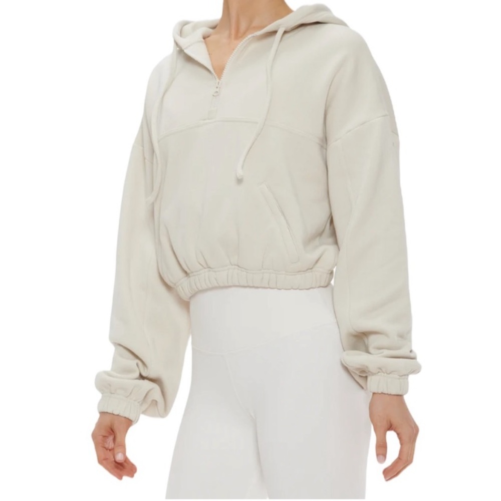 Alo | Stadium Half Zip Cropped Pullover Hoodie Cream White Size Medium